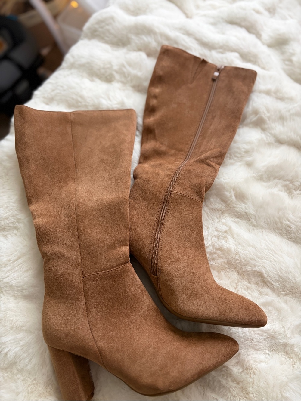 Windsor Chestnut Suede Mid-Calf Block Heel Boots